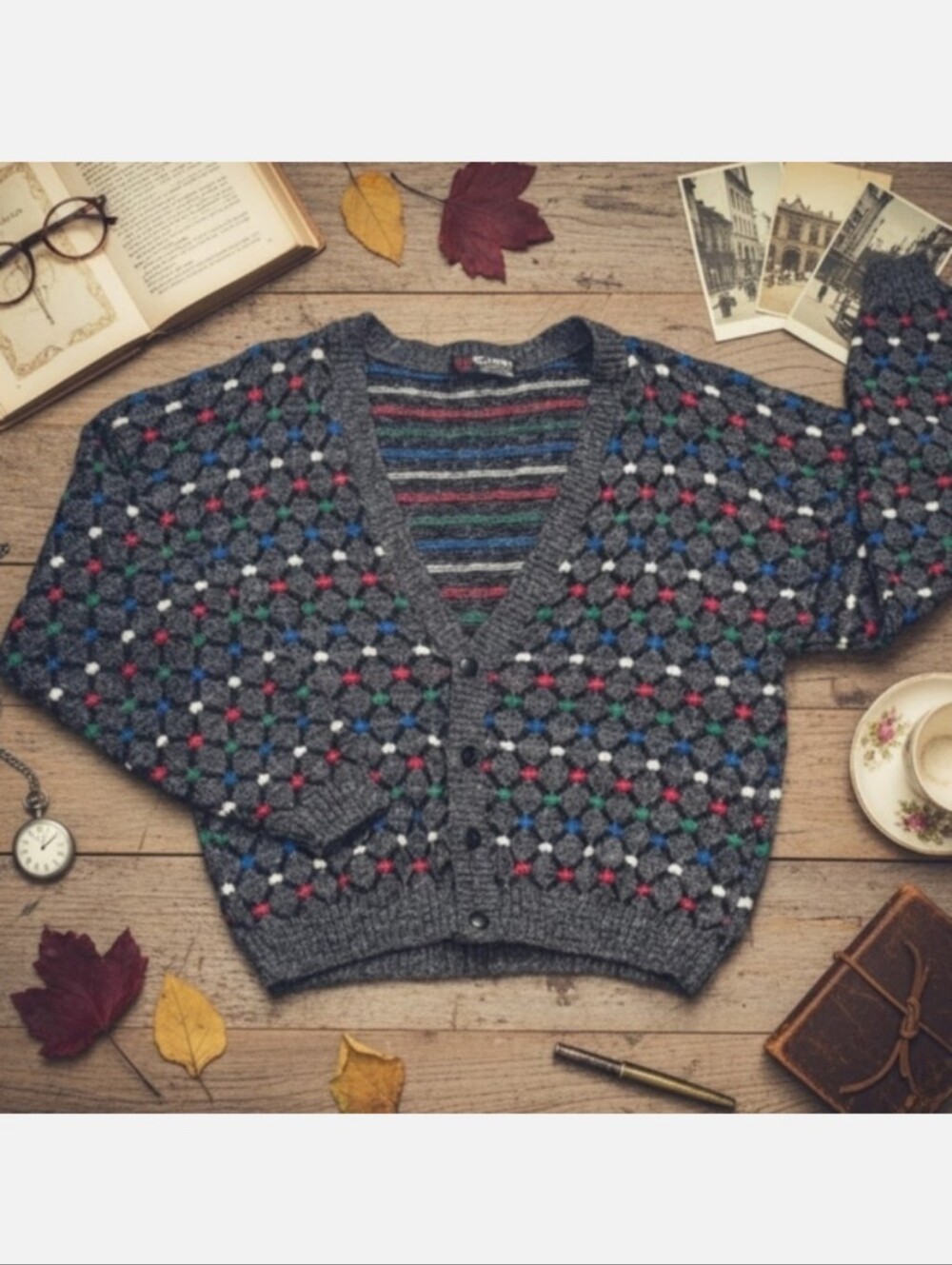 Vintage Scandia Wool Knit Cardigan Relaxed Grandpa Sweater Mens XL Grey Multi